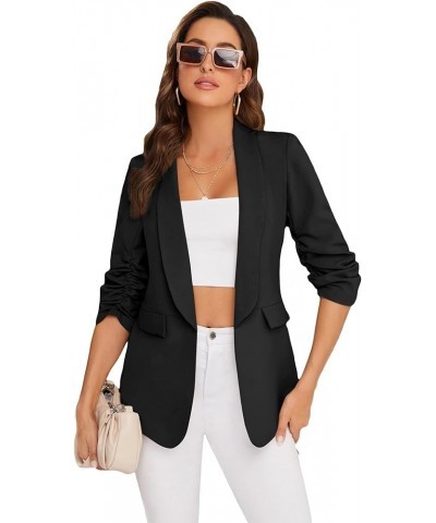 Women's Open Front Ruched Half Sleeve Blazer Elegant Office Work Jacket Black $23.99 Blazers