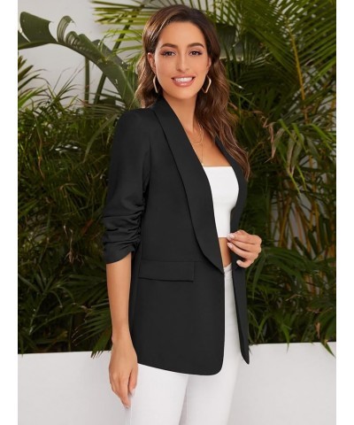 Women's Open Front Ruched Half Sleeve Blazer Elegant Office Work Jacket Black $23.99 Blazers