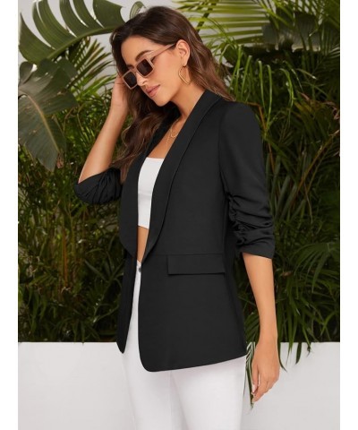 Women's Open Front Ruched Half Sleeve Blazer Elegant Office Work Jacket Black $23.99 Blazers