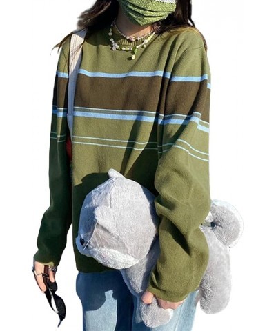 Women's Y2K Striped Pullovers Sweater Oversized Vintage Knitted Sweater Kawaii Preppy Grunge Knitwear Green-c $15.80 Sweaters