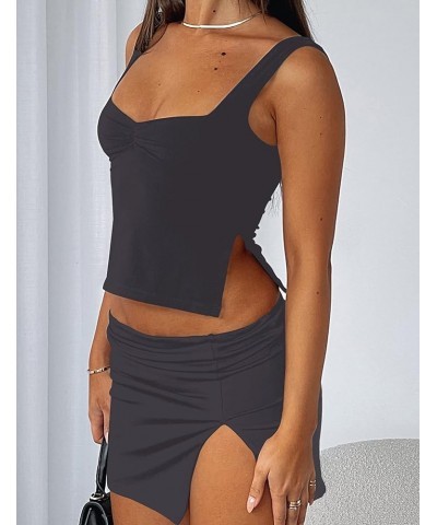 Women’s 2 Piece Outfits Sweetheart Neck Crop Tank Top and Slit Side Bodycon Mini Skirt Set Y2K Going Out Suit Deep Grey $10.2...