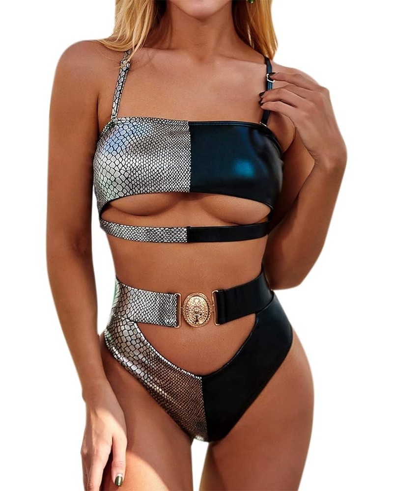 Women 2 Piece Sexy Underboob Cut Out Bikini Swimwear Silver Leather Patchwork Bathing Suit Snakeskin Print $17.97 Swimsuits