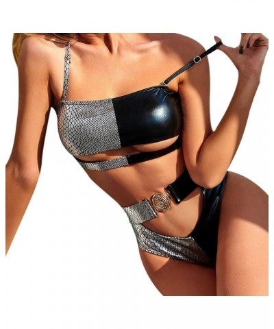 Women 2 Piece Sexy Underboob Cut Out Bikini Swimwear Silver Leather Patchwork Bathing Suit Snakeskin Print $17.97 Swimsuits