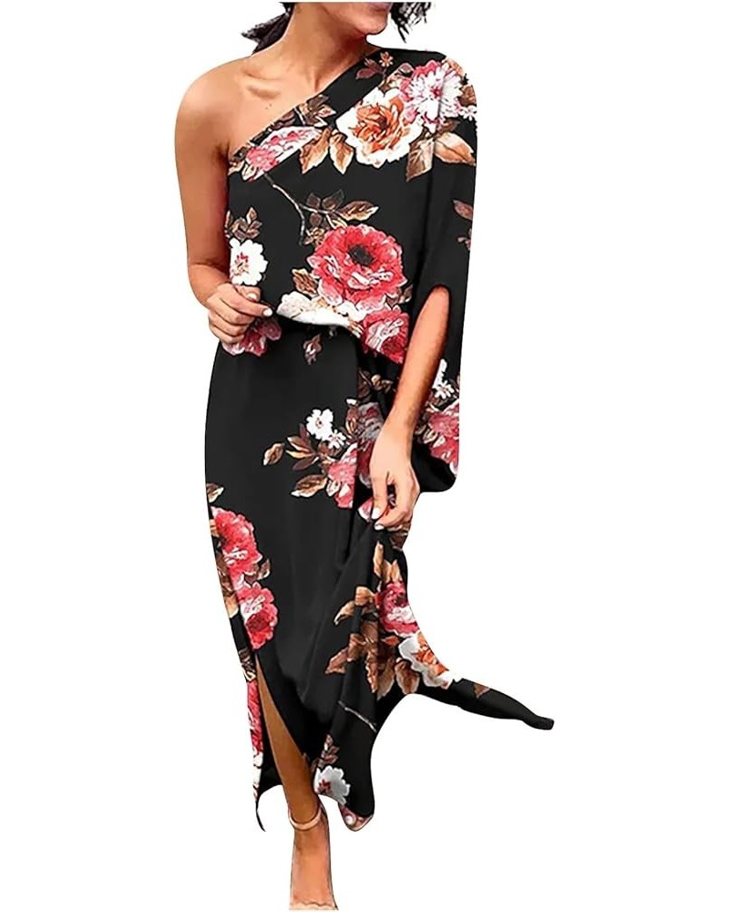 One Shoulder Dresses for Women,2024 Spring Summer Casual Batwing Sleeve Cocktail Dress,Vintage Graphic Party Dress H-black $1...