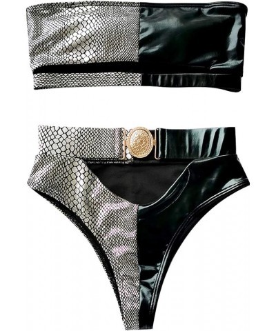 Women 2 Piece Sexy Underboob Cut Out Bikini Swimwear Silver Leather Patchwork Bathing Suit Snakeskin Print $17.97 Swimsuits