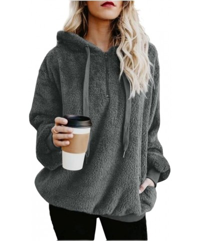 Womens Fuzzy Fleece Hoodies 2023 Fashion Warm Oversized Quarter Zip Hooded Sweatshirt Sherpa Outerwear with Pockets Dark Gray...