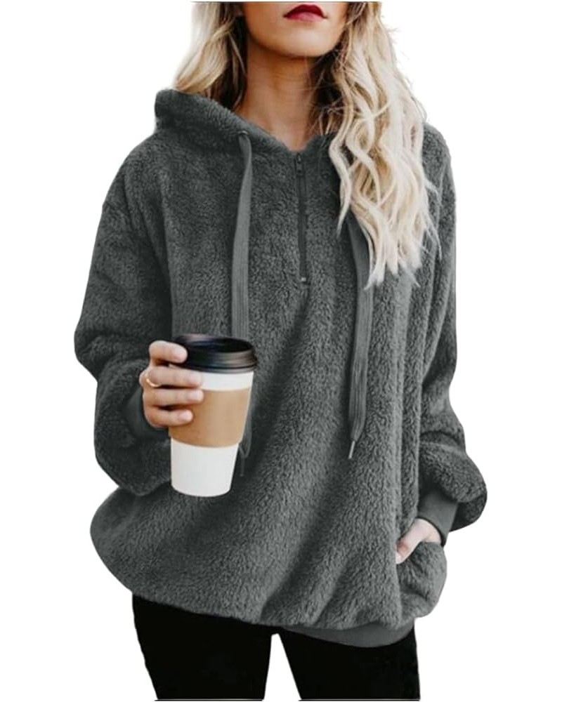 Womens Fuzzy Fleece Hoodies 2023 Fashion Warm Oversized Quarter Zip Hooded Sweatshirt Sherpa Outerwear with Pockets Dark Gray...