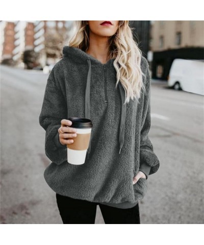 Womens Fuzzy Fleece Hoodies 2023 Fashion Warm Oversized Quarter Zip Hooded Sweatshirt Sherpa Outerwear with Pockets Dark Gray...