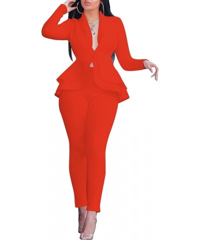 Women's Sexy 2 Piece Outfits Long Sleeve Deep V Ruffle Blazer with Pants Slim Fit Elegant Business Suit Sets Orange $17.59 Suits