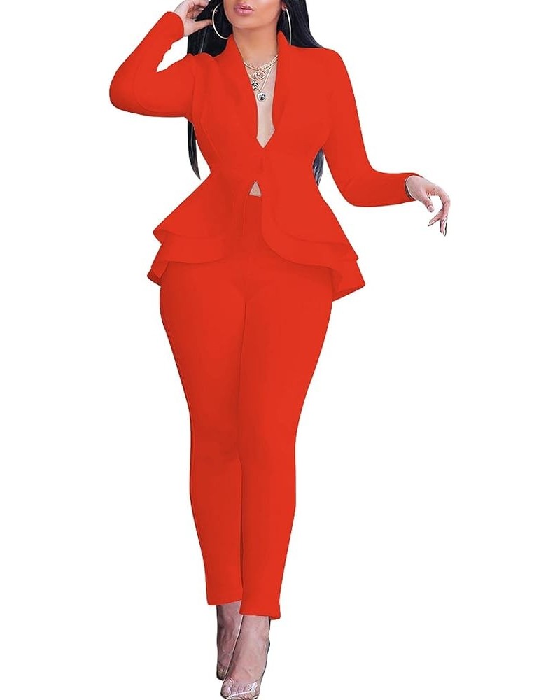 Women's Sexy 2 Piece Outfits Long Sleeve Deep V Ruffle Blazer with Pants Slim Fit Elegant Business Suit Sets Orange $17.59 Suits