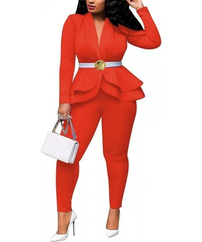 Women's Sexy 2 Piece Outfits Long Sleeve Deep V Ruffle Blazer with Pants Slim Fit Elegant Business Suit Sets Orange $17.59 Suits