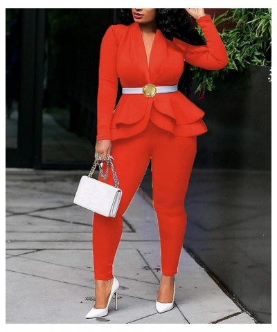 Women's Sexy 2 Piece Outfits Long Sleeve Deep V Ruffle Blazer with Pants Slim Fit Elegant Business Suit Sets Orange $17.59 Suits