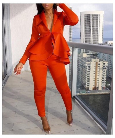 Women's Sexy 2 Piece Outfits Long Sleeve Deep V Ruffle Blazer with Pants Slim Fit Elegant Business Suit Sets Orange $17.59 Suits