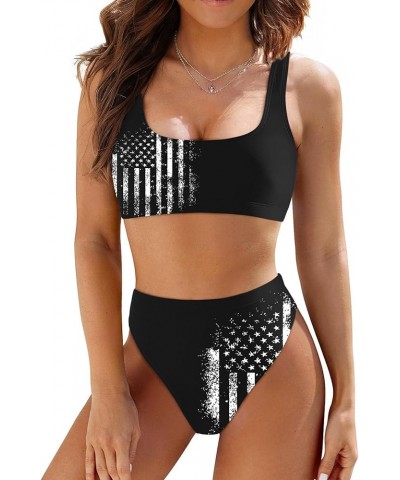 Women's Crop Top High Waisted Cheeky Bikini Set Two Piece Swimsuits 02 - Black American Flag $15.44 Swimsuits