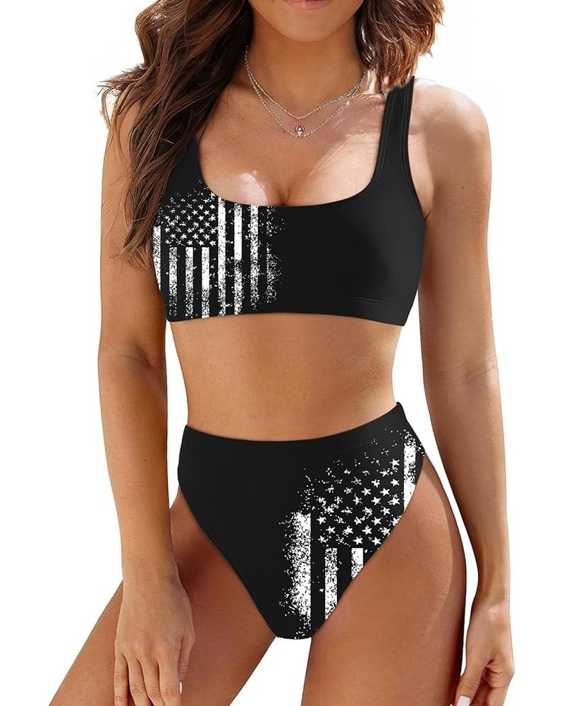 Women's Crop Top High Waisted Cheeky Bikini Set Two Piece Swimsuits 02 - Black American Flag $15.44 Swimsuits