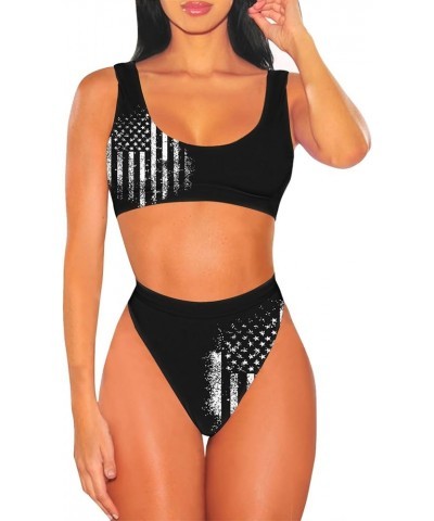 Women's Crop Top High Waisted Cheeky Bikini Set Two Piece Swimsuits 02 - Black American Flag $15.44 Swimsuits