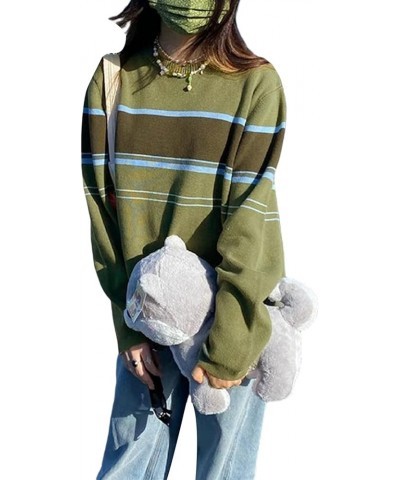 Women's Y2K Striped Pullovers Sweater Oversized Vintage Knitted Sweater Kawaii Preppy Grunge Knitwear Green-c $15.80 Sweaters