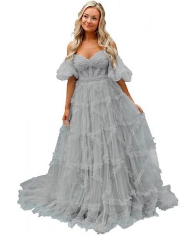 Off Shoulder Prom Dresse Long Ball Gown with Puffy Sleeves for Teens Girls Tulle Ruched Fromal Evening Gowns Silver $38.72 Dr...