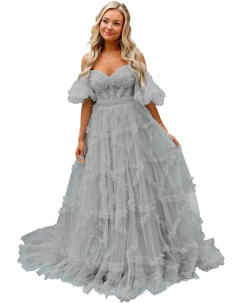 Off Shoulder Prom Dresse Long Ball Gown with Puffy Sleeves for Teens Girls Tulle Ruched Fromal Evening Gowns Silver $38.72 Dr...