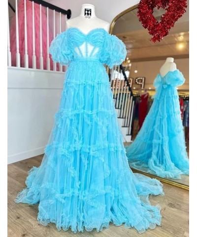 Off Shoulder Prom Dresse Long Ball Gown with Puffy Sleeves for Teens Girls Tulle Ruched Fromal Evening Gowns Silver $38.72 Dr...