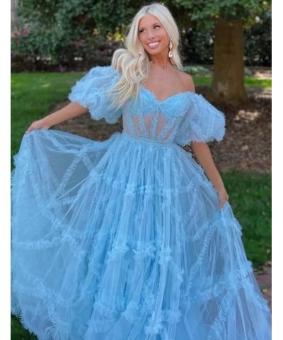 Off Shoulder Prom Dresse Long Ball Gown with Puffy Sleeves for Teens Girls Tulle Ruched Fromal Evening Gowns Silver $38.72 Dr...