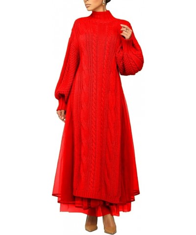 Women Turtleneck Sweater Dress Set Long Sleeve Knitted High Split Dress and Tulle Skirt Matching Set Winter Red $26.39 Sweaters