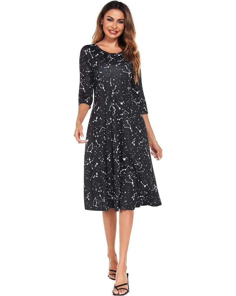 Women's 3/4 Sleeve A-line and Flare Midi Long Dress Star Print $19.68 Others