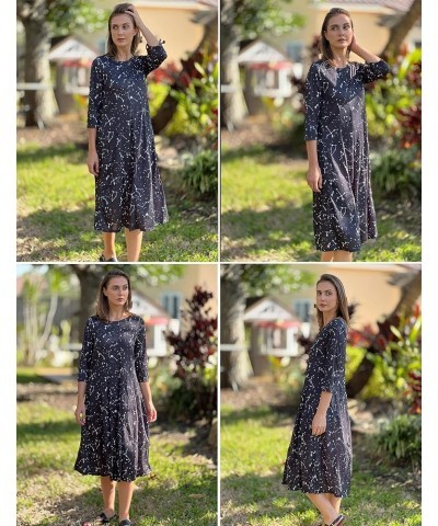 Women's 3/4 Sleeve A-line and Flare Midi Long Dress Star Print $19.68 Others