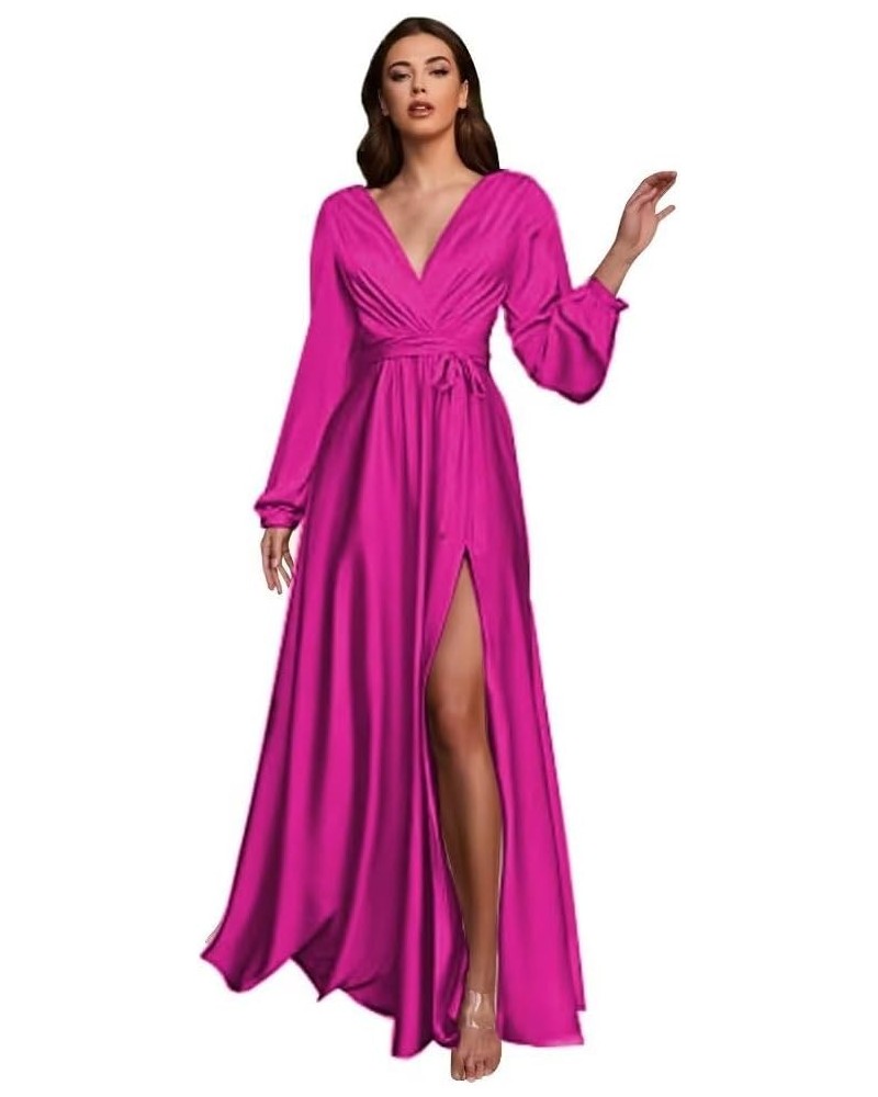 Women's Long Sleeve Bridesmaid Dresses for Wedding V-Neck Satin Formal Dress Evening Gowns with Slit Fuchsia $27.94 Dresses