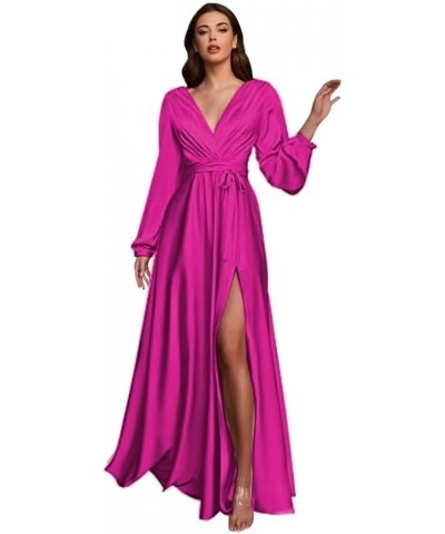 Women's Long Sleeve Bridesmaid Dresses for Wedding V-Neck Satin Formal Dress Evening Gowns with Slit Fuchsia $27.94 Dresses