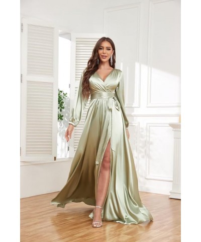 Women's Long Sleeve Bridesmaid Dresses for Wedding V-Neck Satin Formal Dress Evening Gowns with Slit Fuchsia $27.94 Dresses