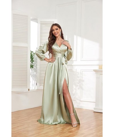 Women's Long Sleeve Bridesmaid Dresses for Wedding V-Neck Satin Formal Dress Evening Gowns with Slit Fuchsia $27.94 Dresses