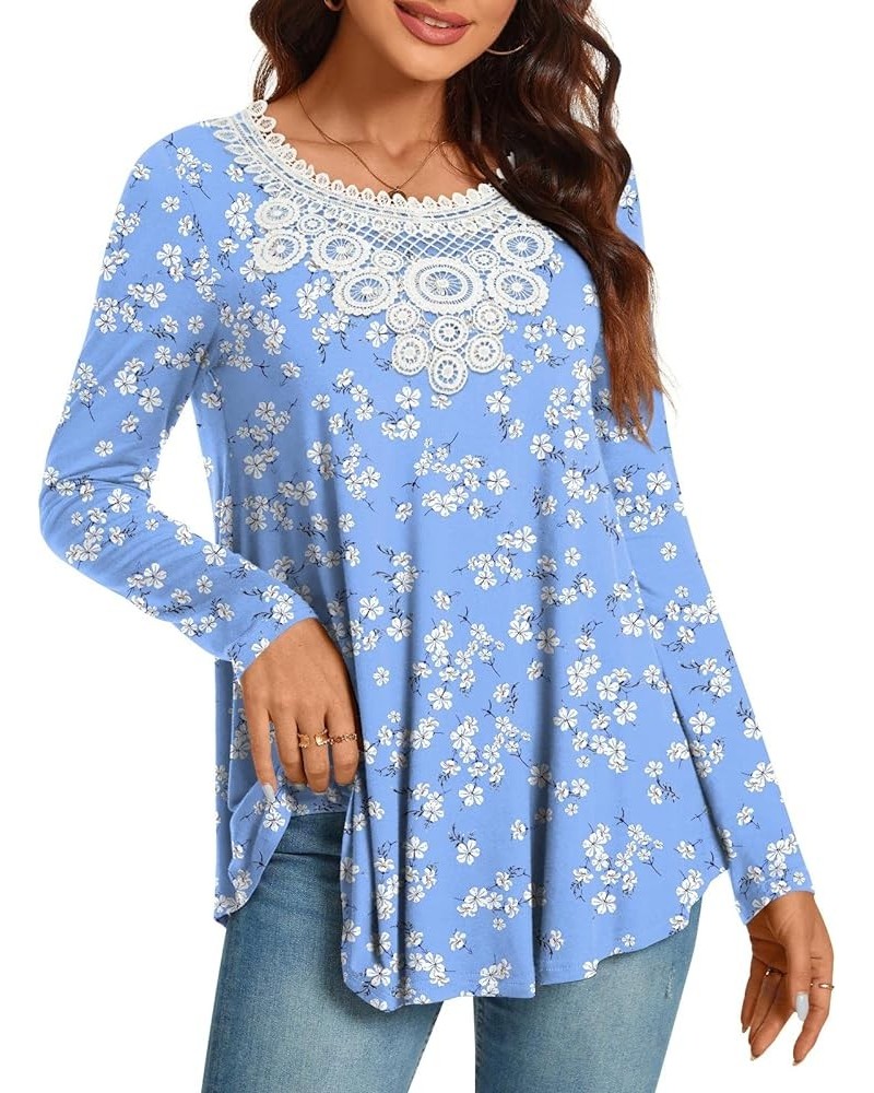 Women Tunic Tops Long Sleeve Fall Casual Fashion Crochet Lace T-shirt Pleated Fit Blouses Lb White Floret $10.90 Tops