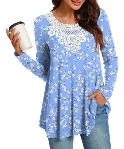 Women Tunic Tops Long Sleeve Fall Casual Fashion Crochet Lace T-shirt Pleated Fit Blouses Lb White Floret $10.90 Tops