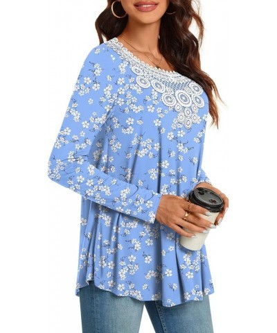 Women Tunic Tops Long Sleeve Fall Casual Fashion Crochet Lace T-shirt Pleated Fit Blouses Lb White Floret $10.90 Tops