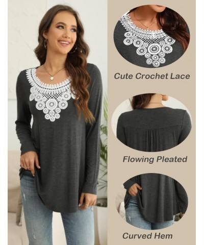 Women Tunic Tops Long Sleeve Fall Casual Fashion Crochet Lace T-shirt Pleated Fit Blouses Lb White Floret $10.90 Tops