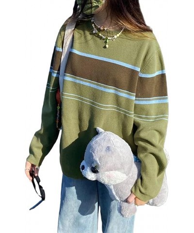 Women's Y2K Striped Pullovers Sweater Oversized Vintage Knitted Sweater Kawaii Preppy Grunge Knitwear Green-c $15.80 Sweaters