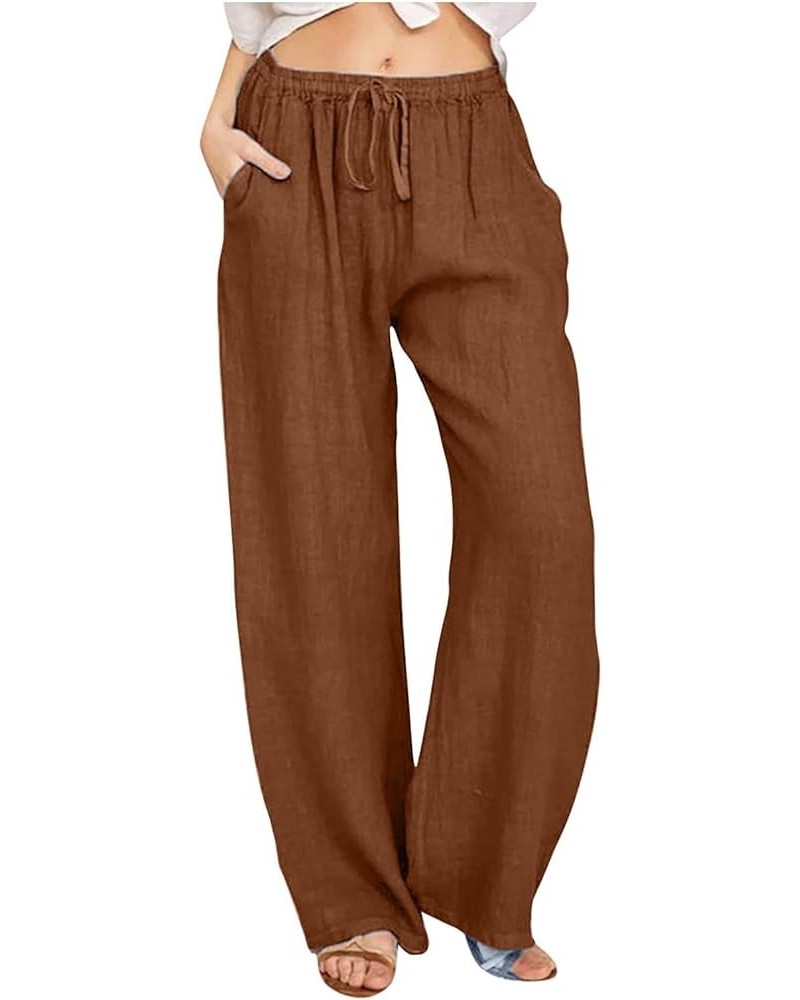 Capri Pants for Women Casual 2023 Summer Drawstring Elastic High Waist Linen Pant Straight Wide Leg Cropped Trouser F09-brown...