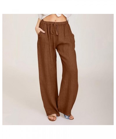 Capri Pants for Women Casual 2023 Summer Drawstring Elastic High Waist Linen Pant Straight Wide Leg Cropped Trouser F09-brown...