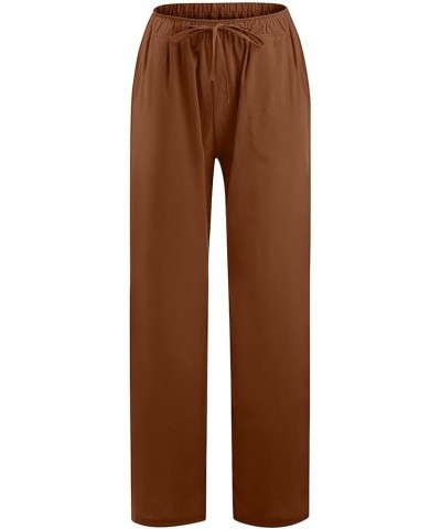 Capri Pants for Women Casual 2023 Summer Drawstring Elastic High Waist Linen Pant Straight Wide Leg Cropped Trouser F09-brown...