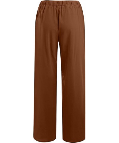 Capri Pants for Women Casual 2023 Summer Drawstring Elastic High Waist Linen Pant Straight Wide Leg Cropped Trouser F09-brown...