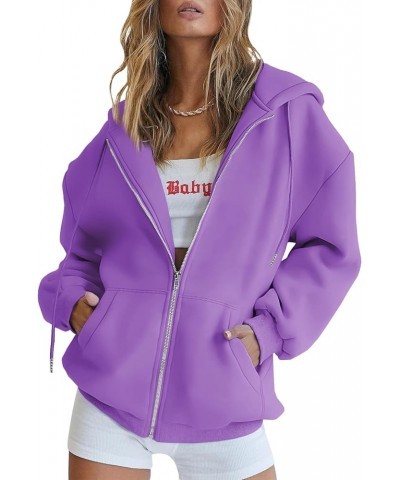 Women's Cute Hoodies Teen Girl Fall Jacket Oversized Sweatshirts Casual Drawstring Zip Up Y2K Hoodie with Pocket Purple $18.4...