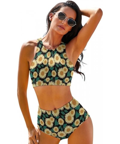 High Waisted Bikini Sets for Women 2 Piece Swimsuit High Neck Bikinis Women Racerback Bathing Suits Yellow Floral $14.35 Swim...