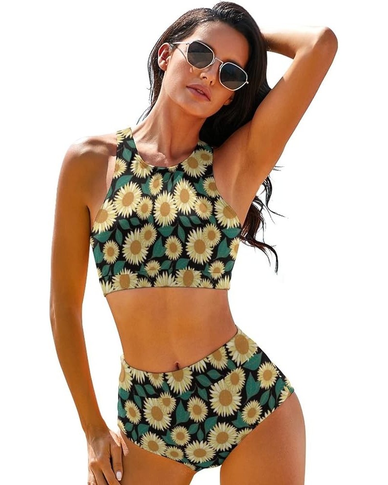 High Waisted Bikini Sets for Women 2 Piece Swimsuit High Neck Bikinis Women Racerback Bathing Suits Yellow Floral $14.35 Swim...