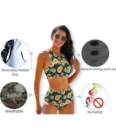 High Waisted Bikini Sets for Women 2 Piece Swimsuit High Neck Bikinis Women Racerback Bathing Suits Yellow Floral $14.35 Swim...