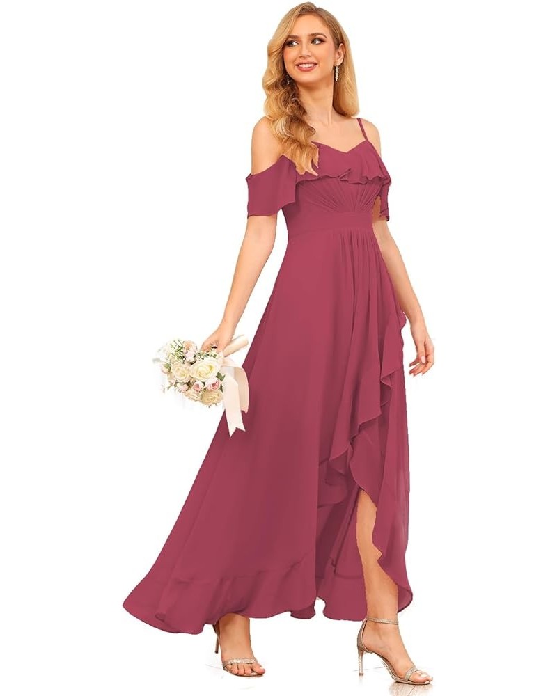 High Low Chiffon Bridesmaid Dress with Slit A Line Off The Shoulder Ruffle Bridesmaid Dresses Long for Women WD090 Desert Ros...