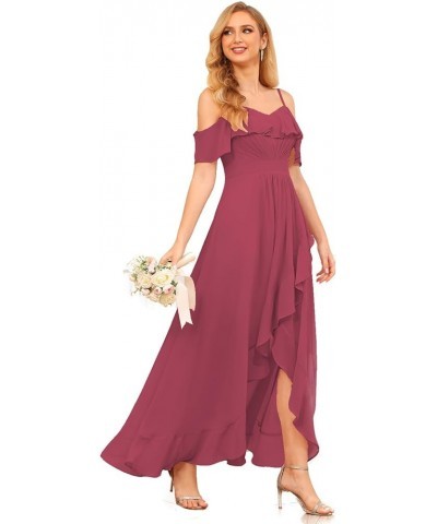 High Low Chiffon Bridesmaid Dress with Slit A Line Off The Shoulder Ruffle Bridesmaid Dresses Long for Women WD090 Desert Ros...