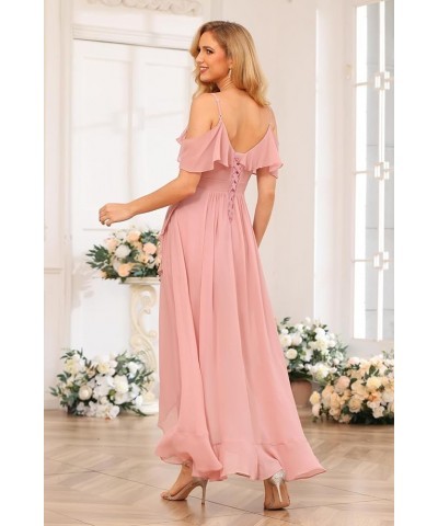 High Low Chiffon Bridesmaid Dress with Slit A Line Off The Shoulder Ruffle Bridesmaid Dresses Long for Women WD090 Desert Ros...