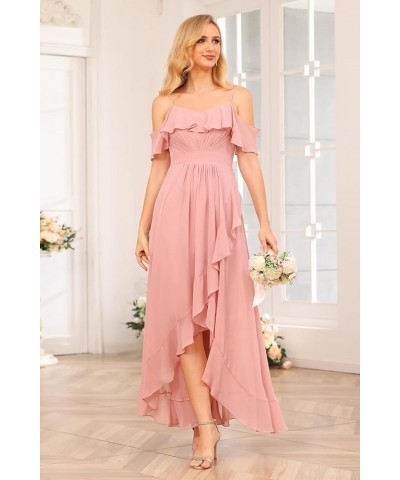 High Low Chiffon Bridesmaid Dress with Slit A Line Off The Shoulder Ruffle Bridesmaid Dresses Long for Women WD090 Desert Ros...