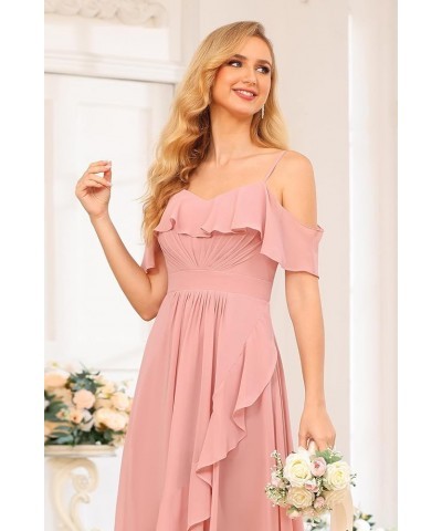 High Low Chiffon Bridesmaid Dress with Slit A Line Off The Shoulder Ruffle Bridesmaid Dresses Long for Women WD090 Desert Ros...